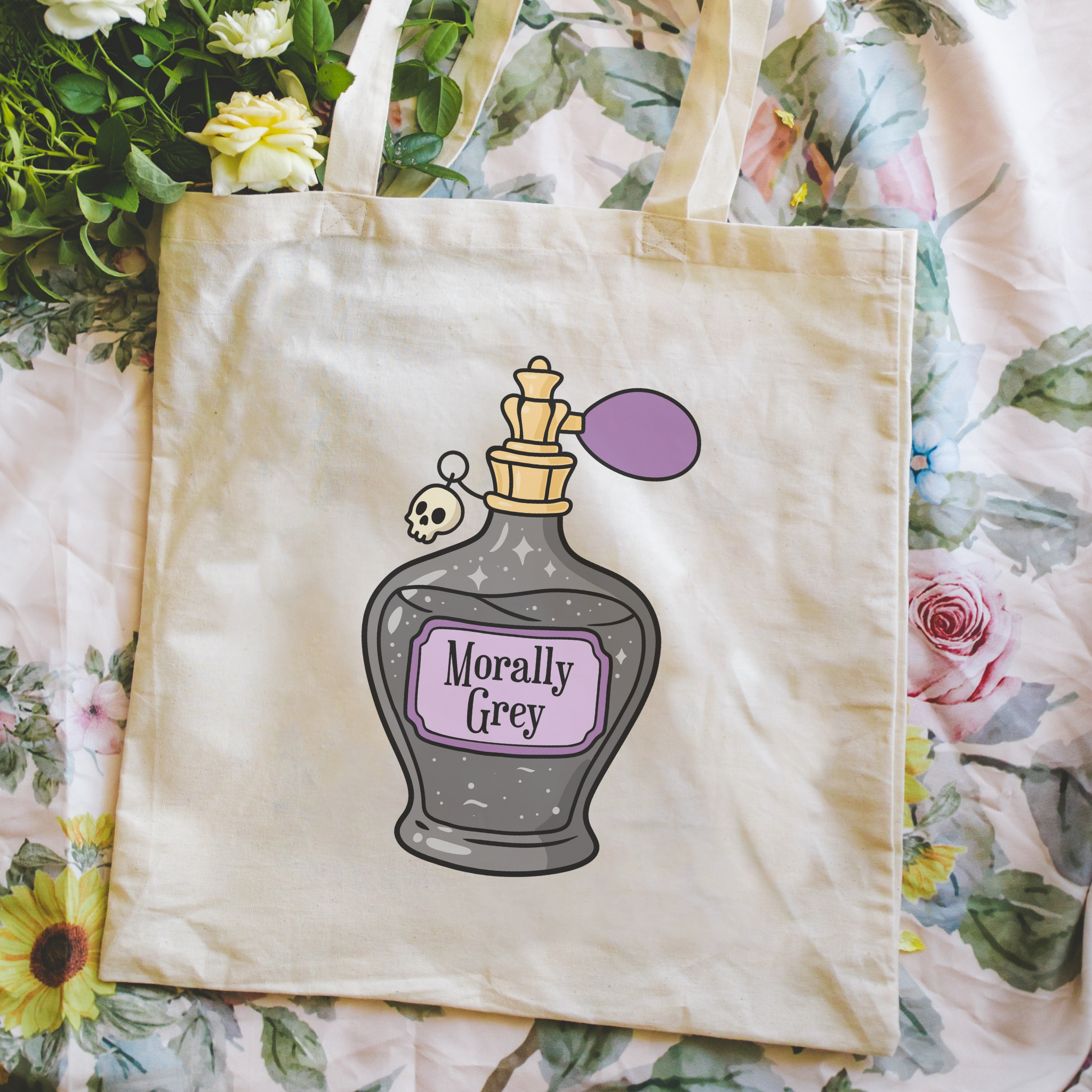 bookish Tote bag with a bottle design labeled 'Morally Grey' on a floral background