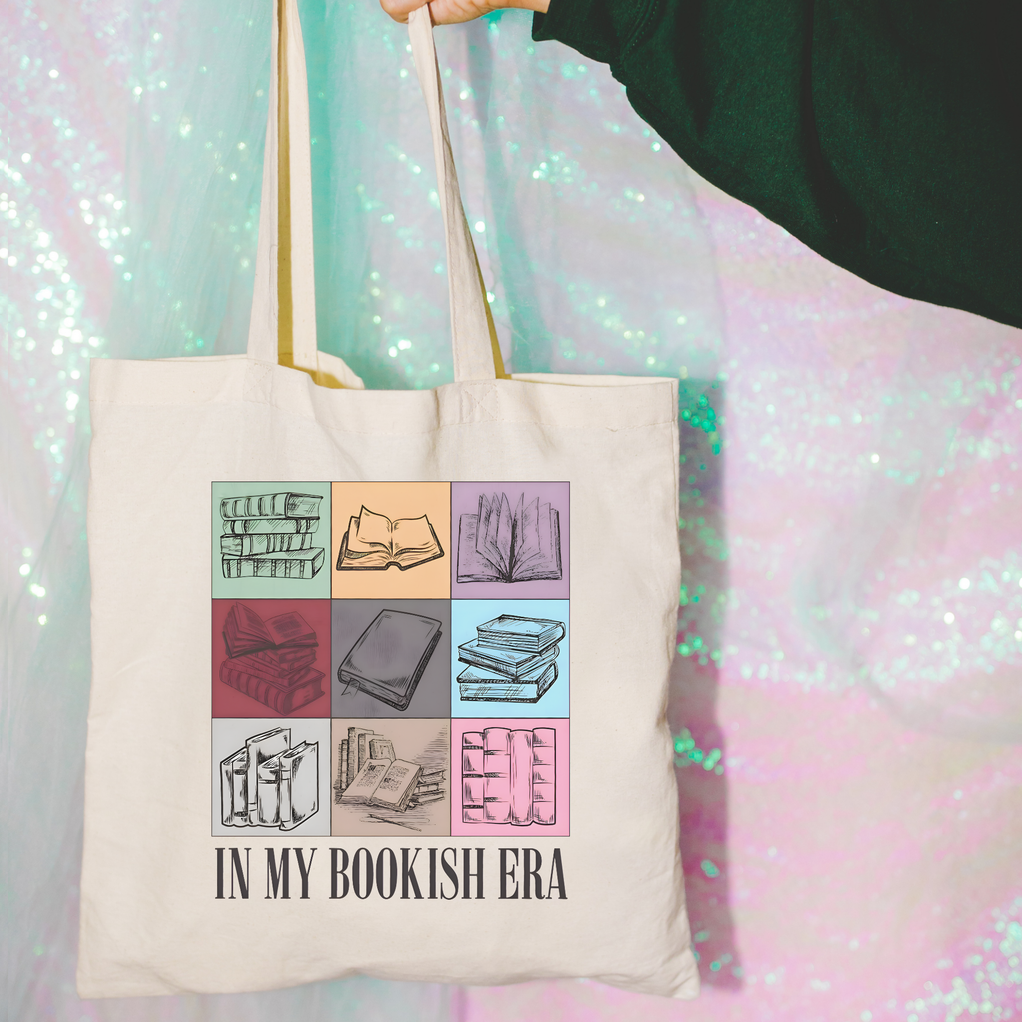 Tote bag with book-themed design and 'In My Bookish Era' text on a colorful background