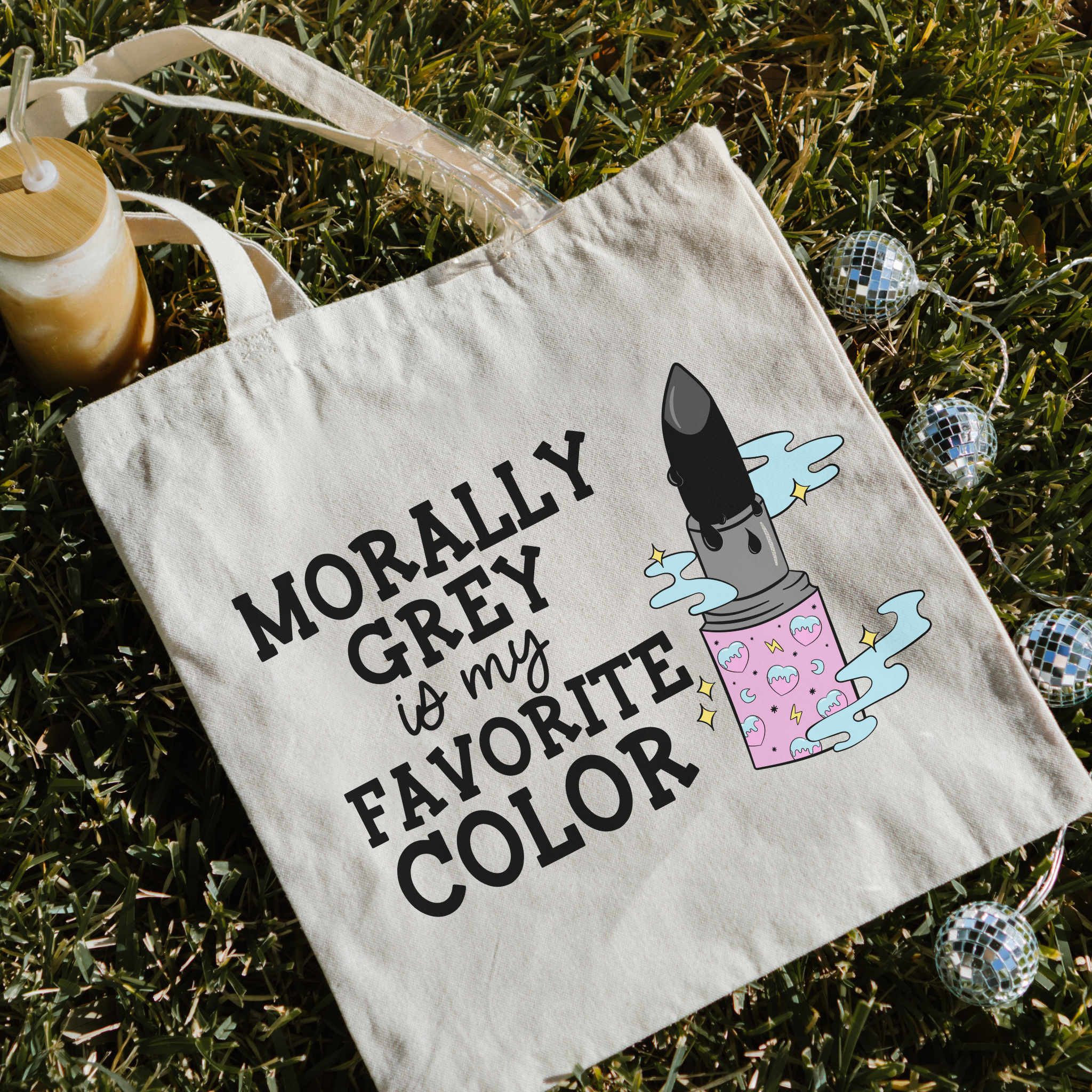 bookish Tote bag with 'Morally Grey is my Favorite Color' text and lipstick graphic on a bookshelf background