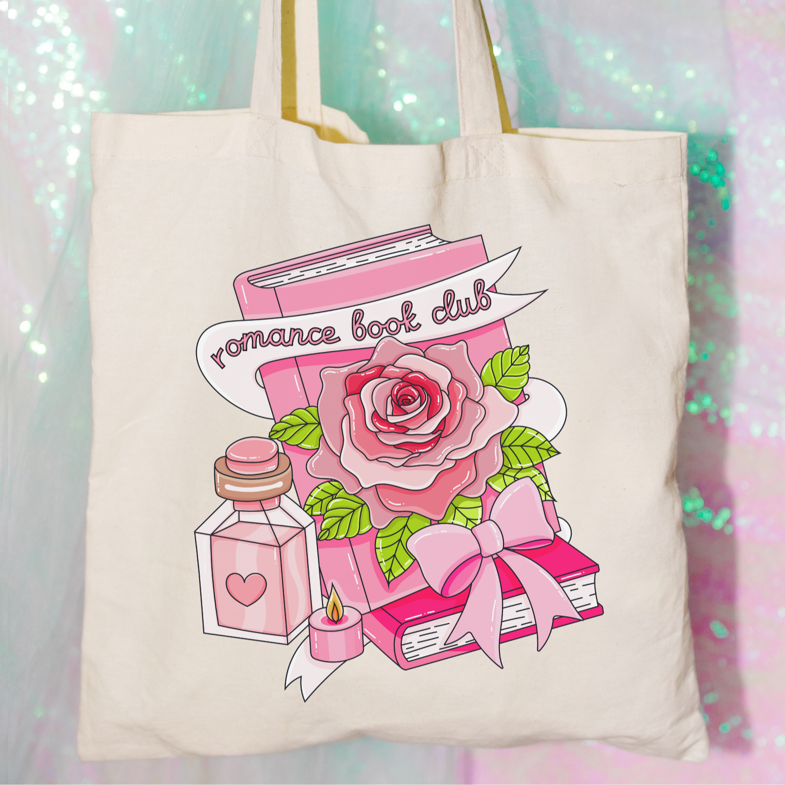 Tote bag with 'romance book club' design featuring a rose and books on a glittery background