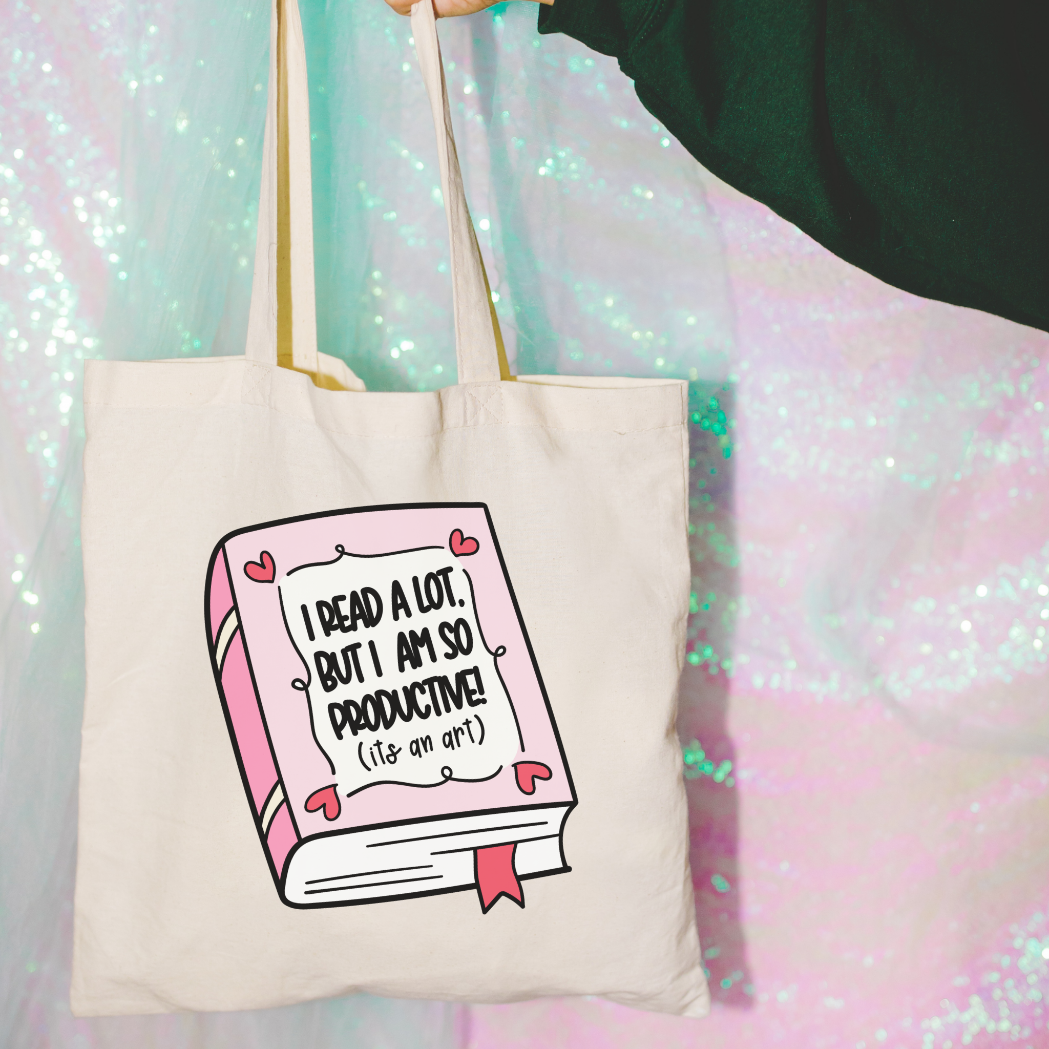 Bookish Tote bag with a book illustration and text on a glittery background
