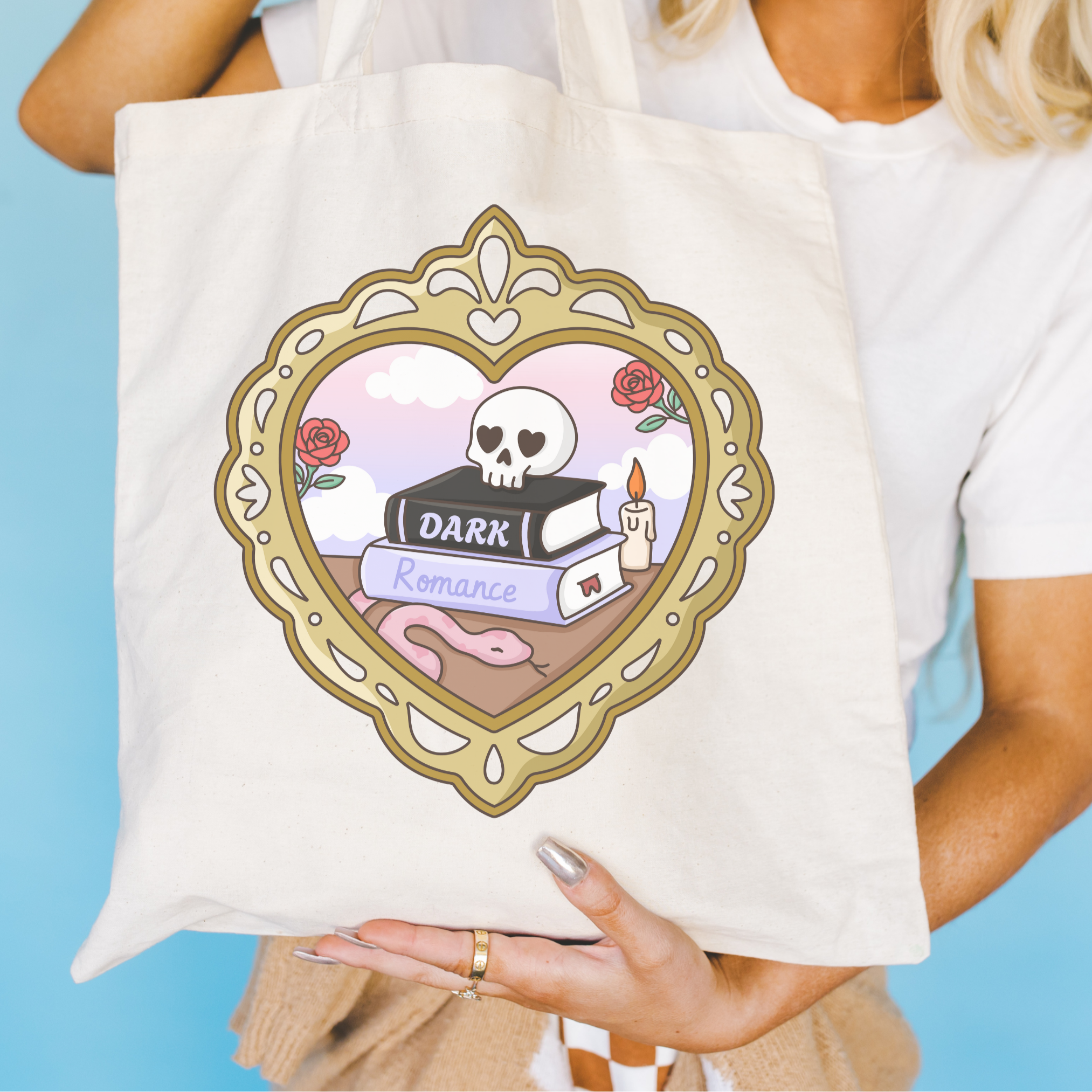Bookish Tote bag with a skull and books design on a floral background and the text "dark romance"