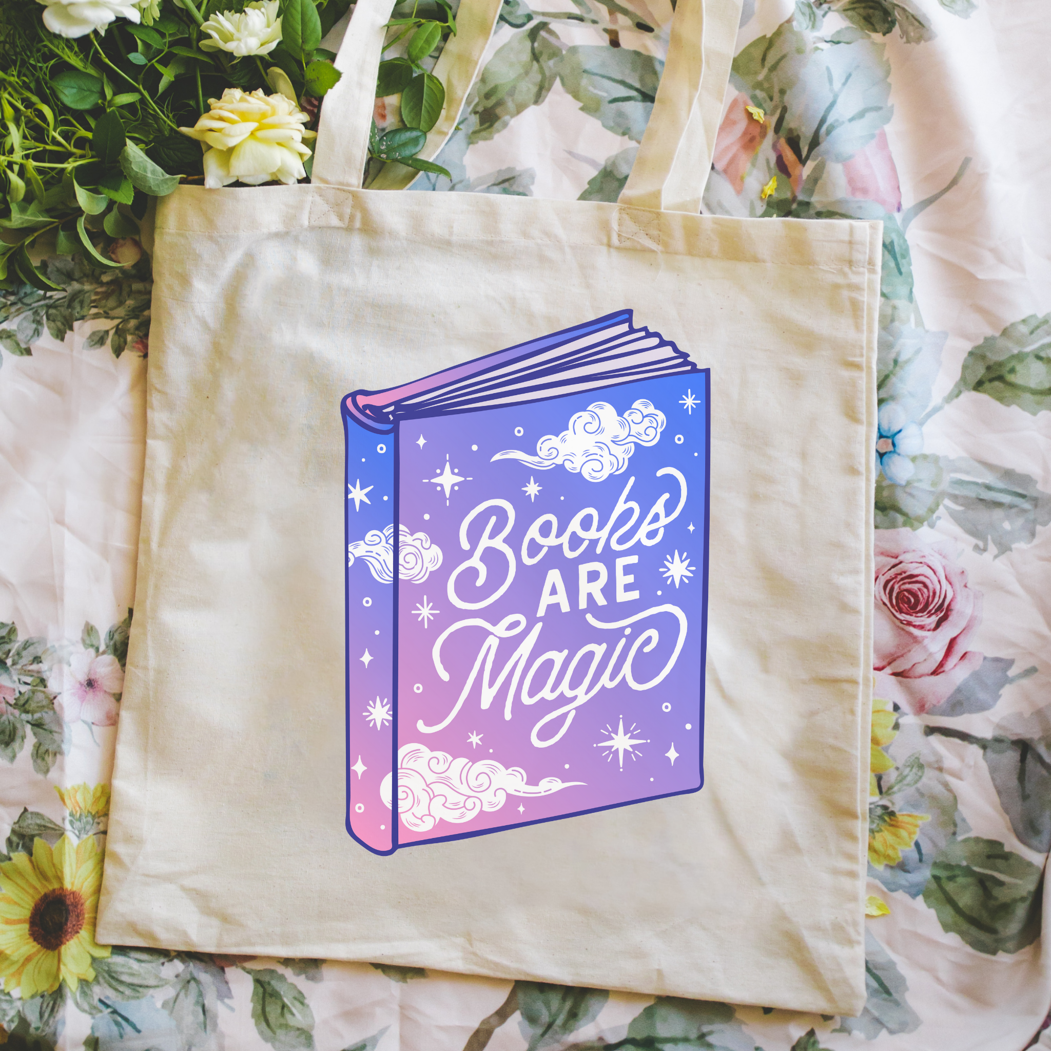 Bookish tote bag with 'Books Are Magic' design on a bookshelf background