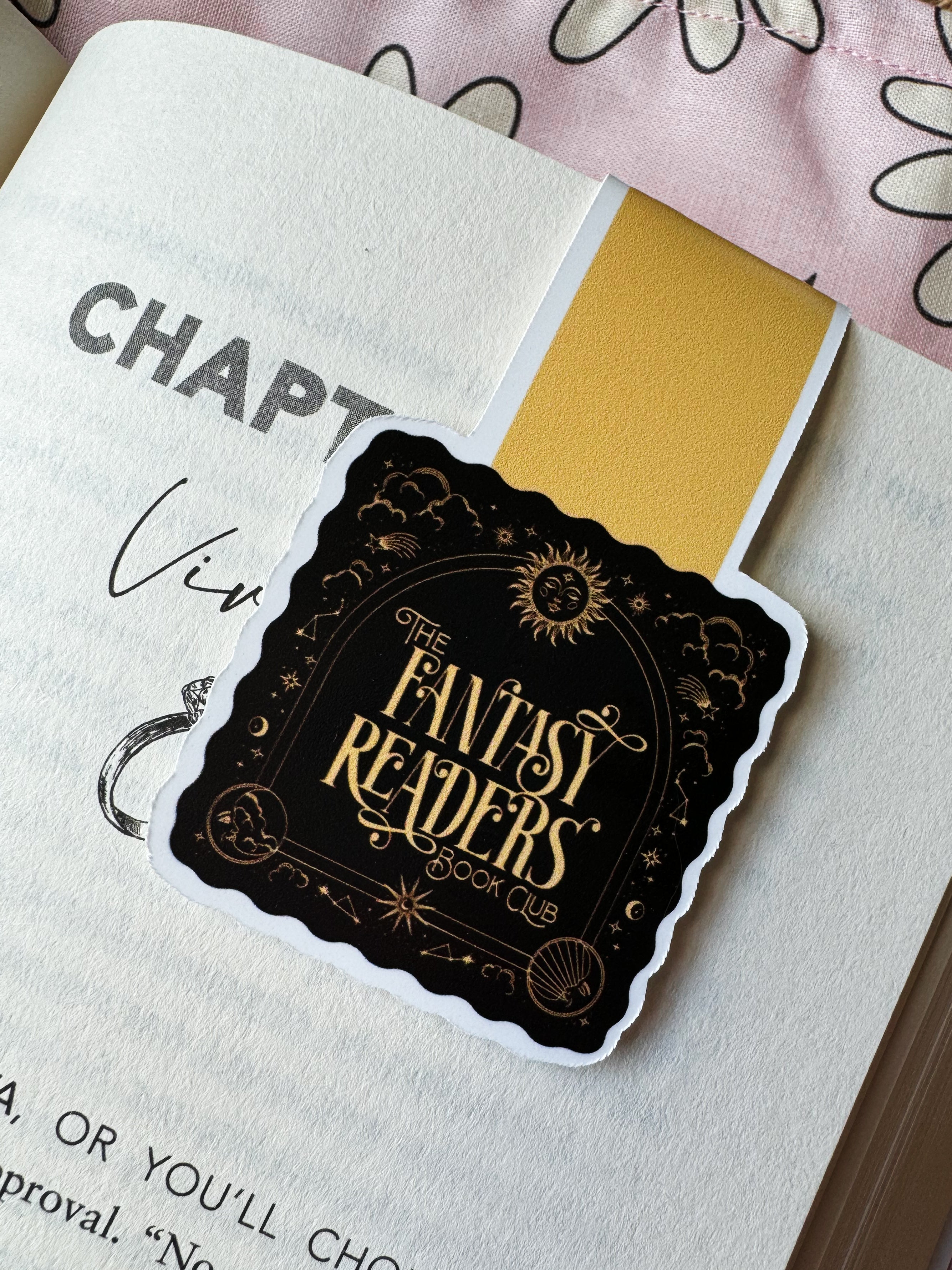 Magnetic bookmark labeled “Fantasy Readers Book Club” with fantasy-inspired design – Literari Goods