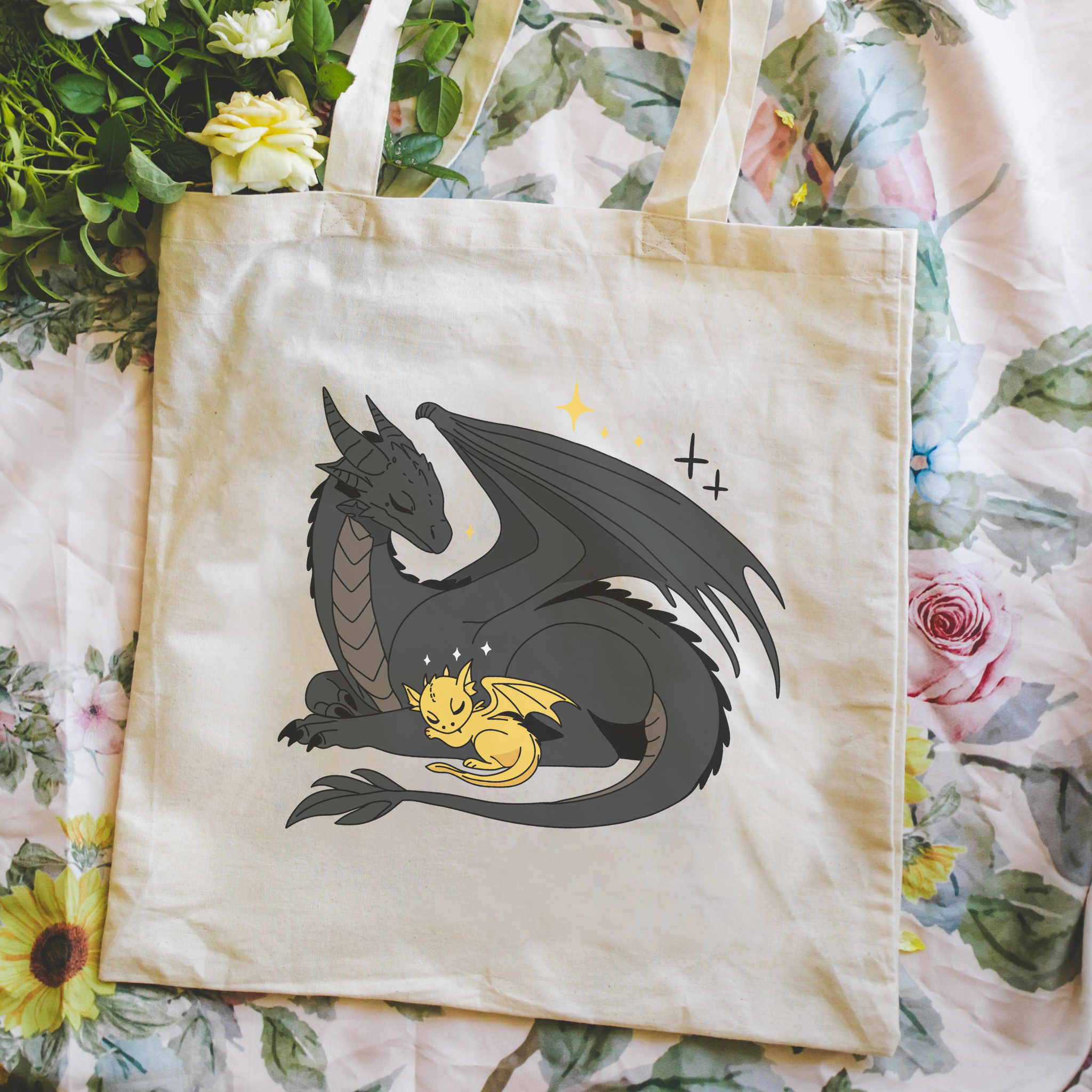 Bookish Tote bag with dragon design on a floral background
