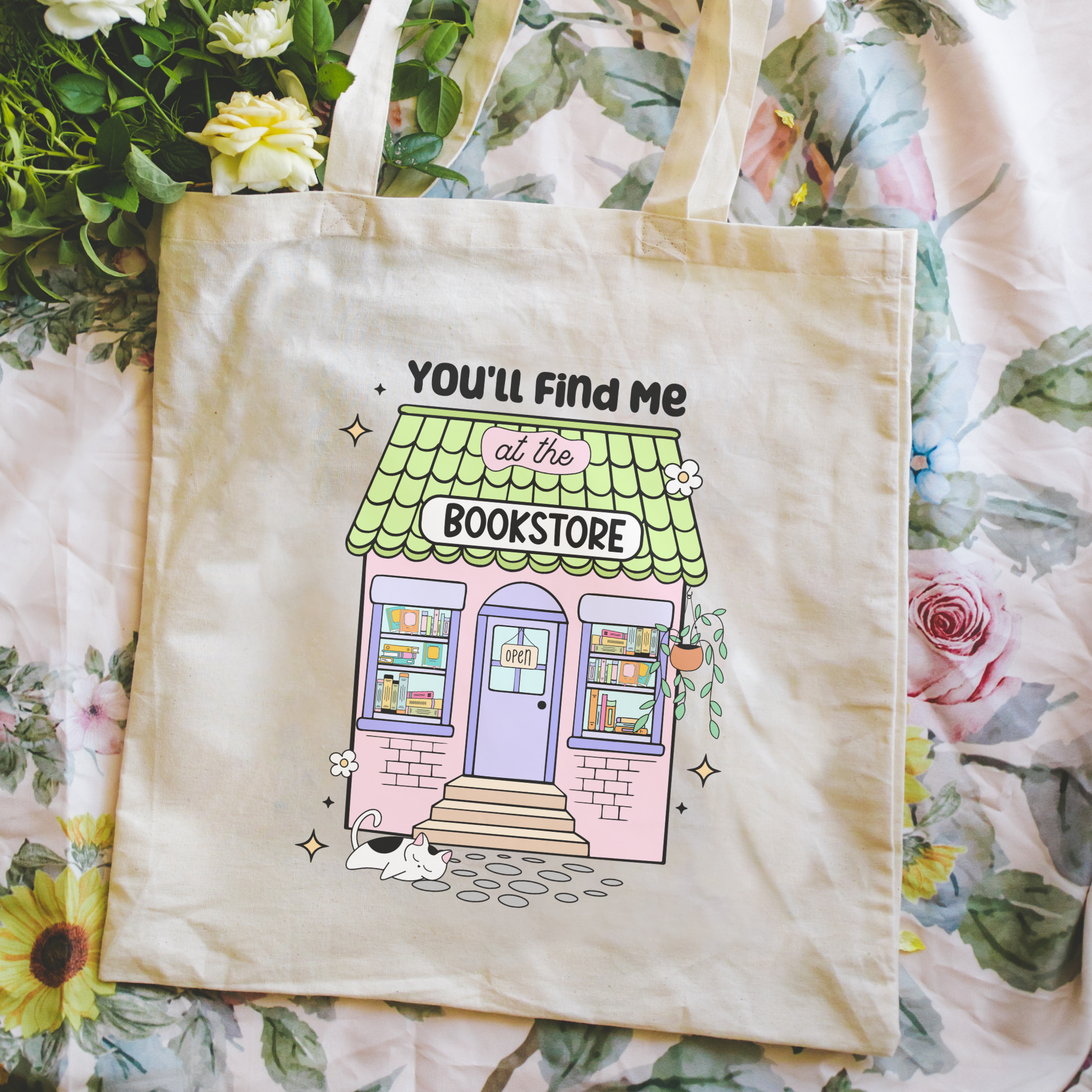 Bookish Tote bag with a bookstore illustration and text on a floral background