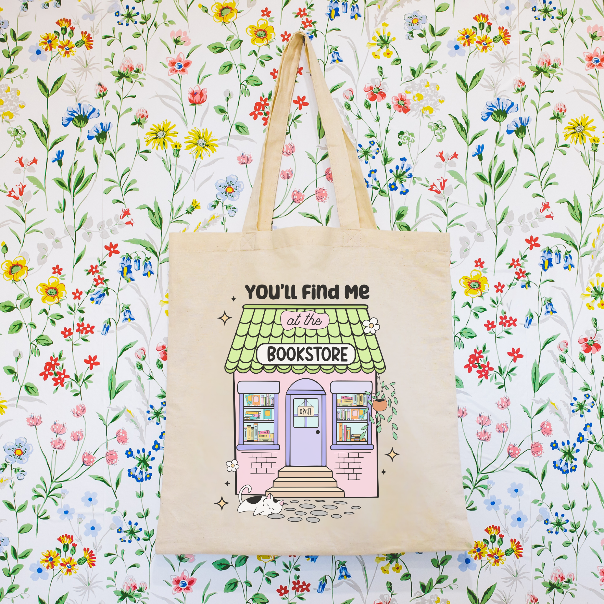 Bookish Tote bag with a bookstore illustration and text on a floral background