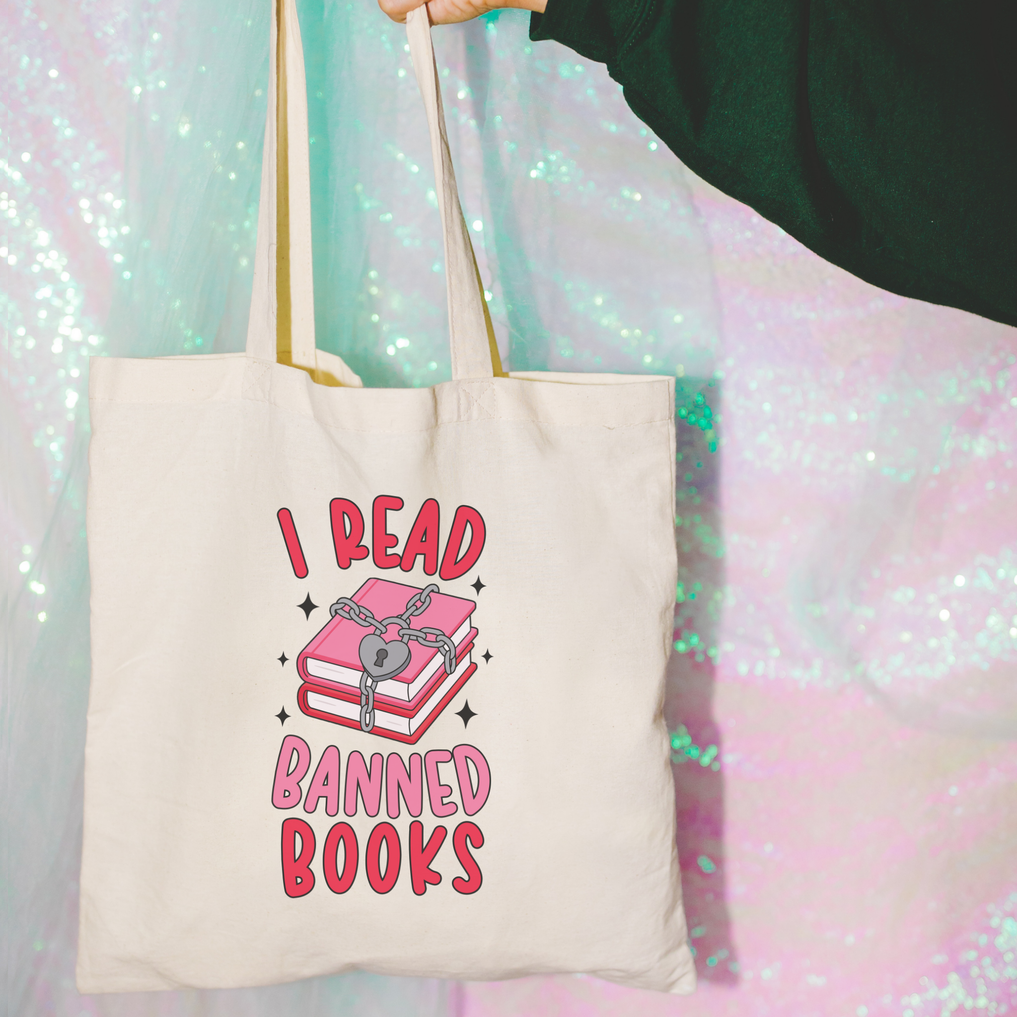 Tote bag with 'I Read Banned Books' design on a colorful background