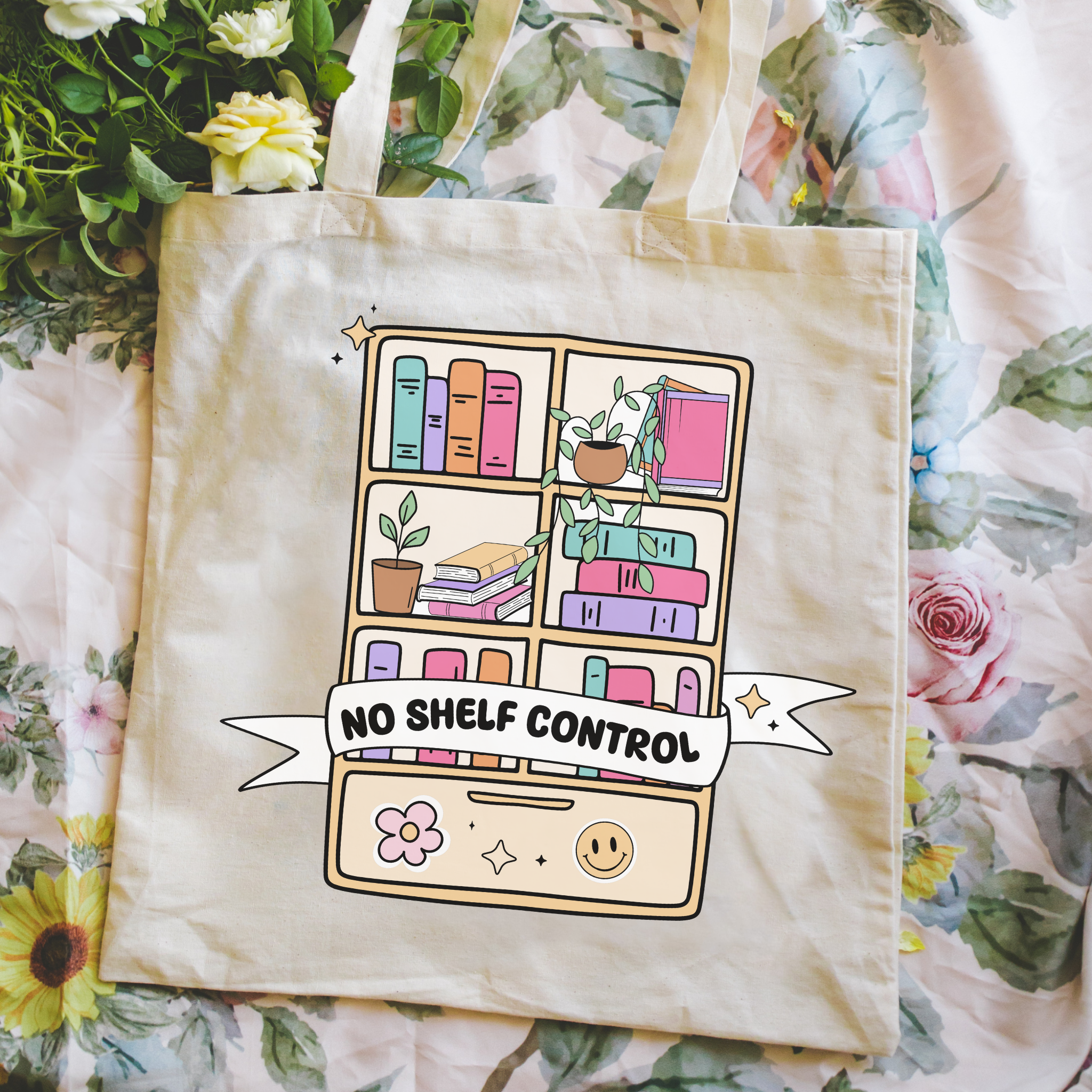 Bookish Tote bag with a bookshelf illustration and 'No Shelf Control' text on a floral background