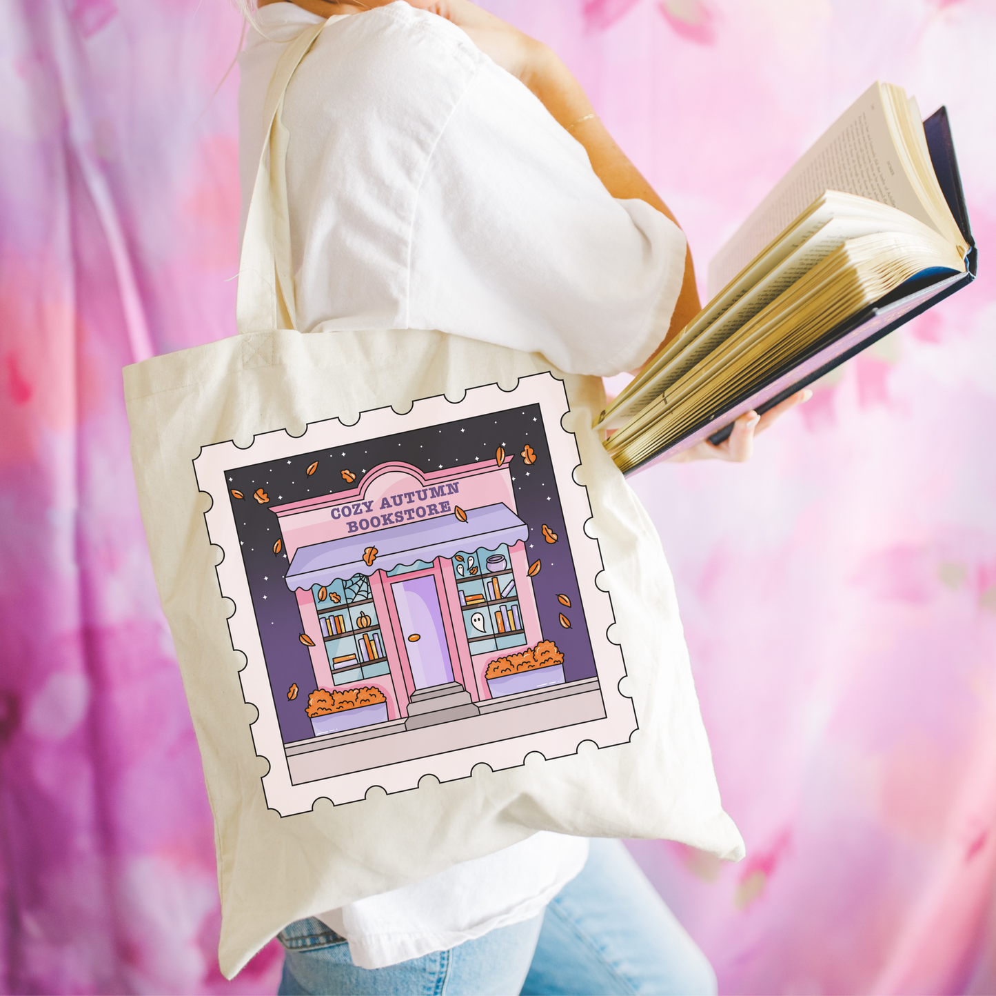 Bookish Fall + Halloween tote bag - Cozy Autumn Bookstore