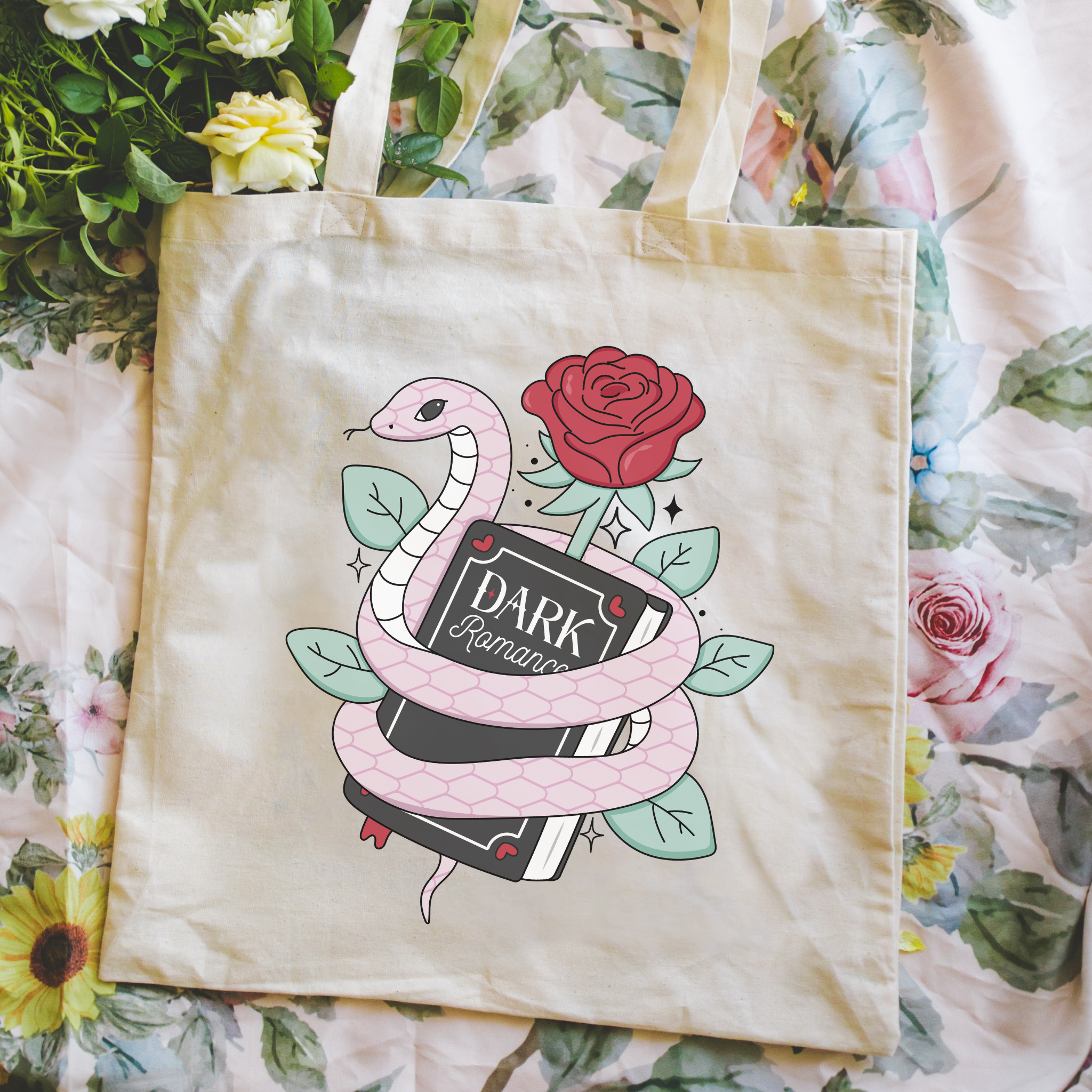 Dark Romance Tote bag with snake and rose design on a floral background