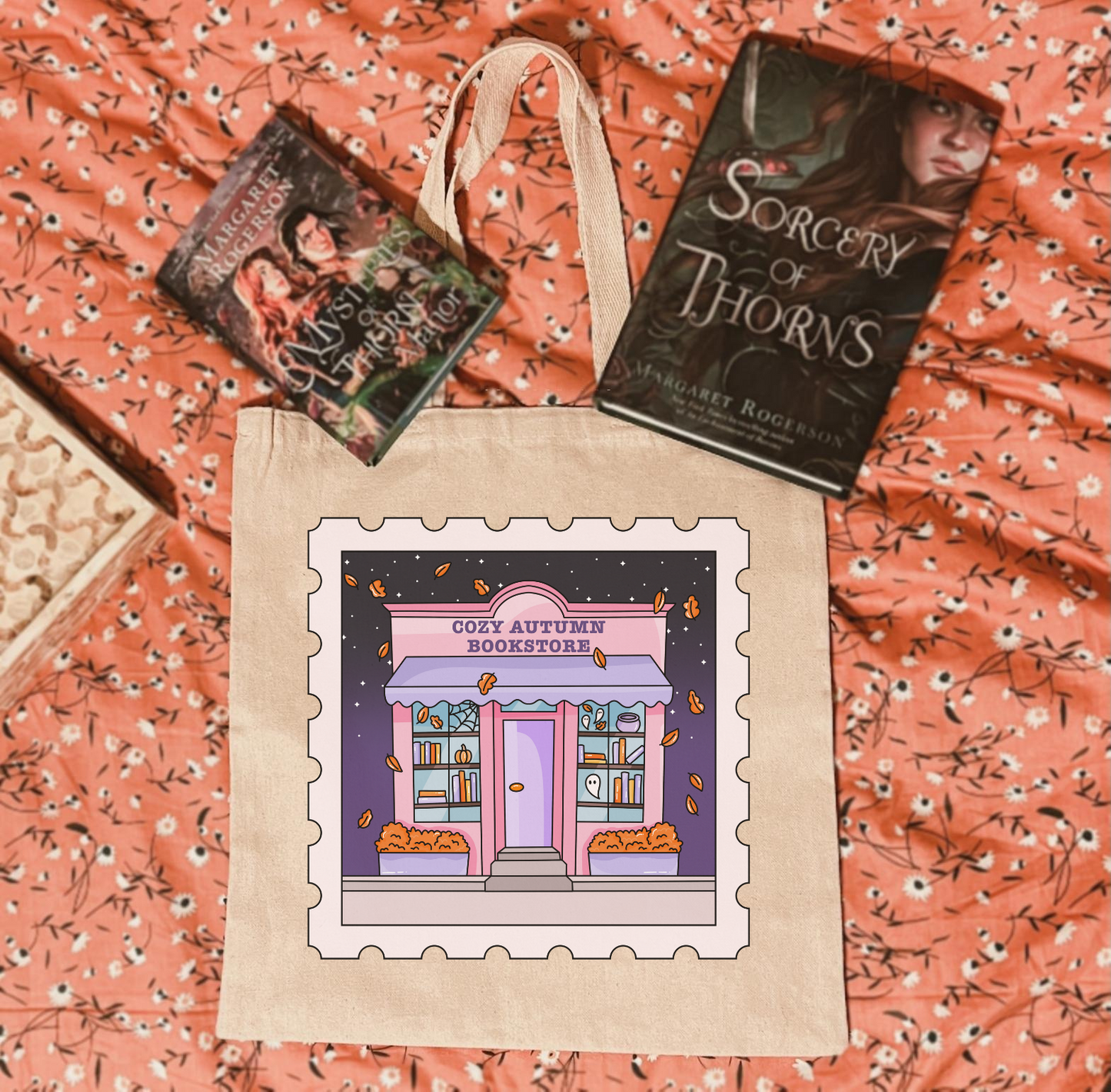 Bookish Fall + Halloween tote bag - Cozy Autumn Bookstore