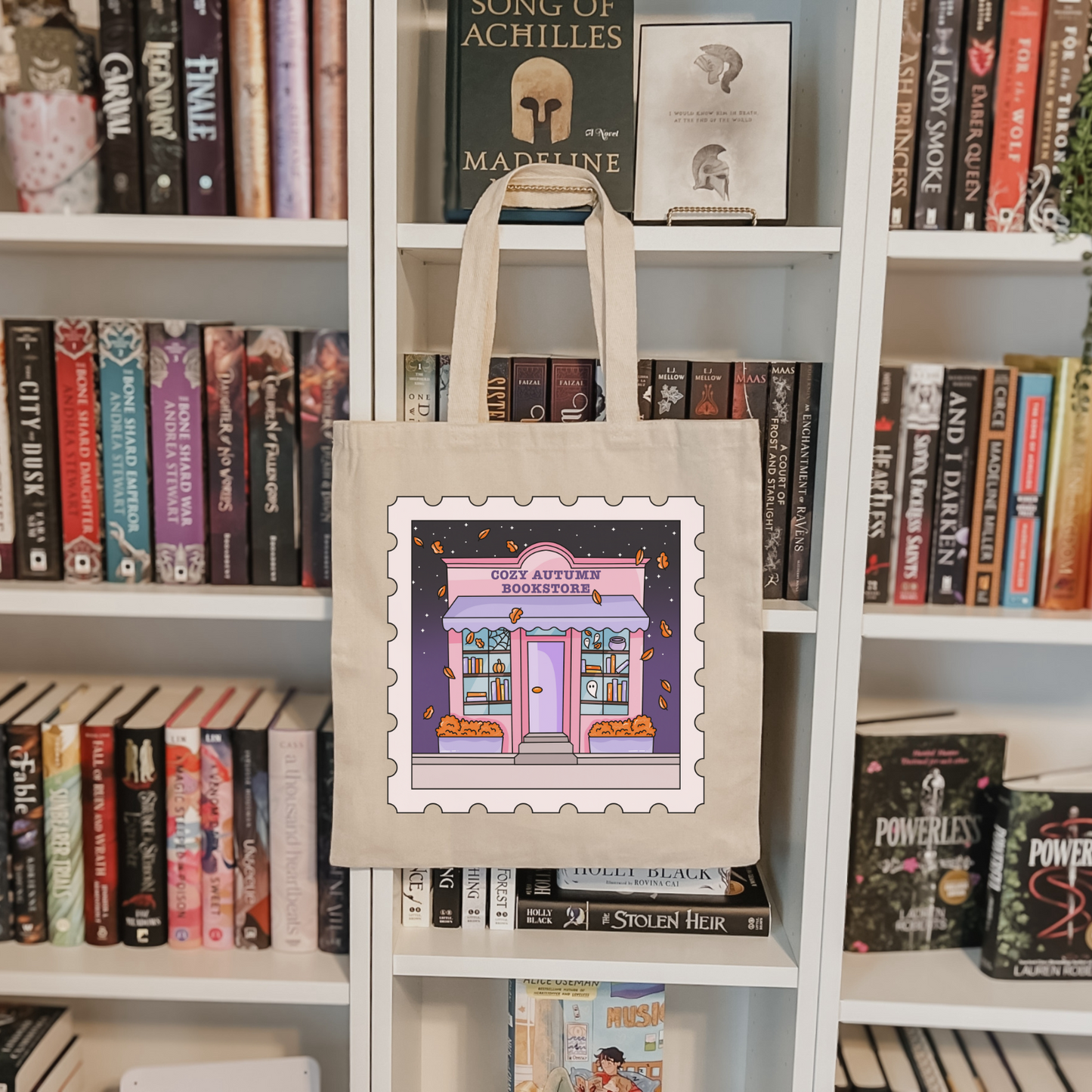 Bookish Fall + Halloween tote bag - Cozy Autumn Bookstore