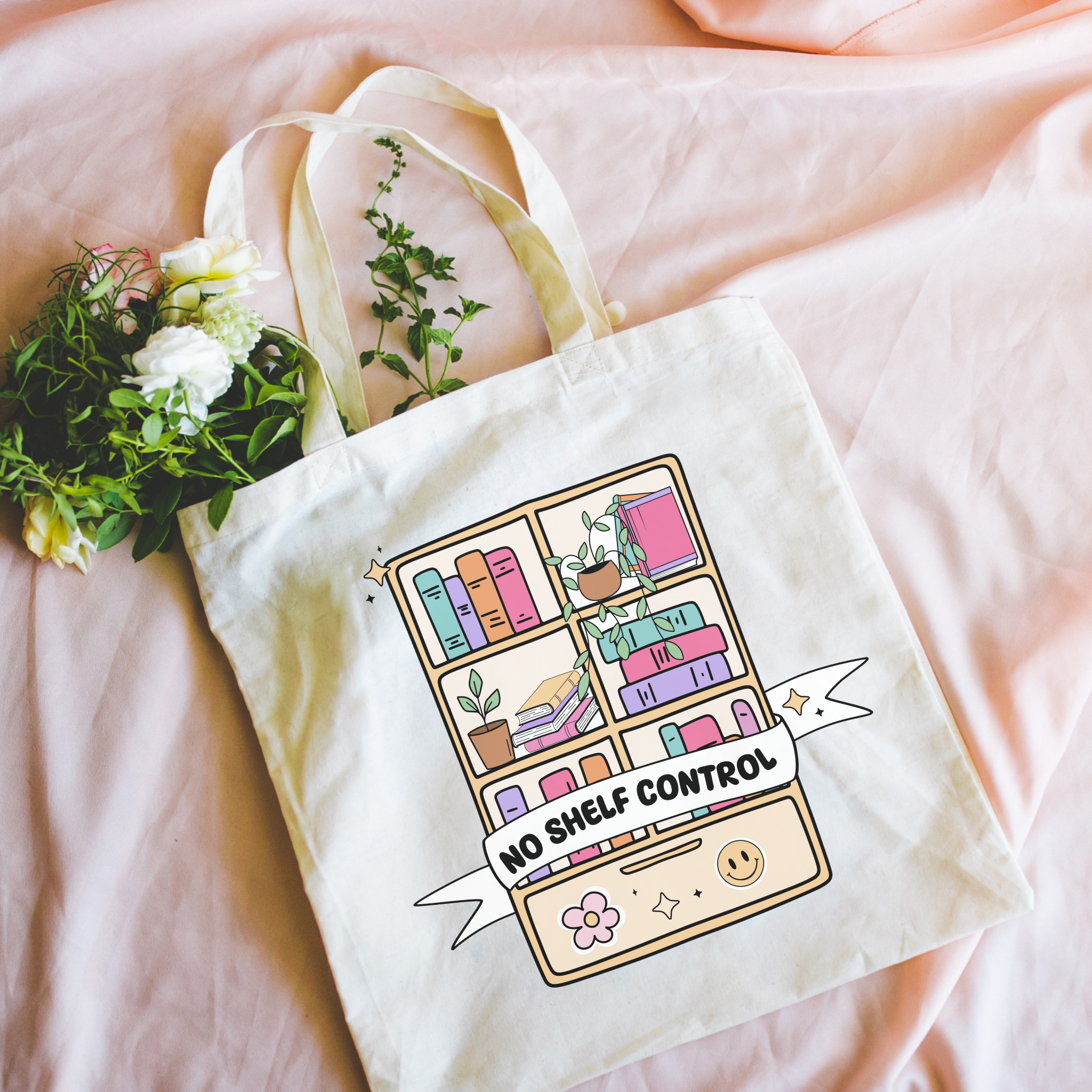 Bookish Tote bag with a bookshelf design and 'No Shelf Control' text on a pink fabric background.