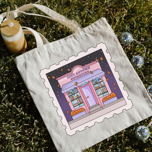 Bookish Fall + Halloween tote bag - Cozy Autumn Bookstore