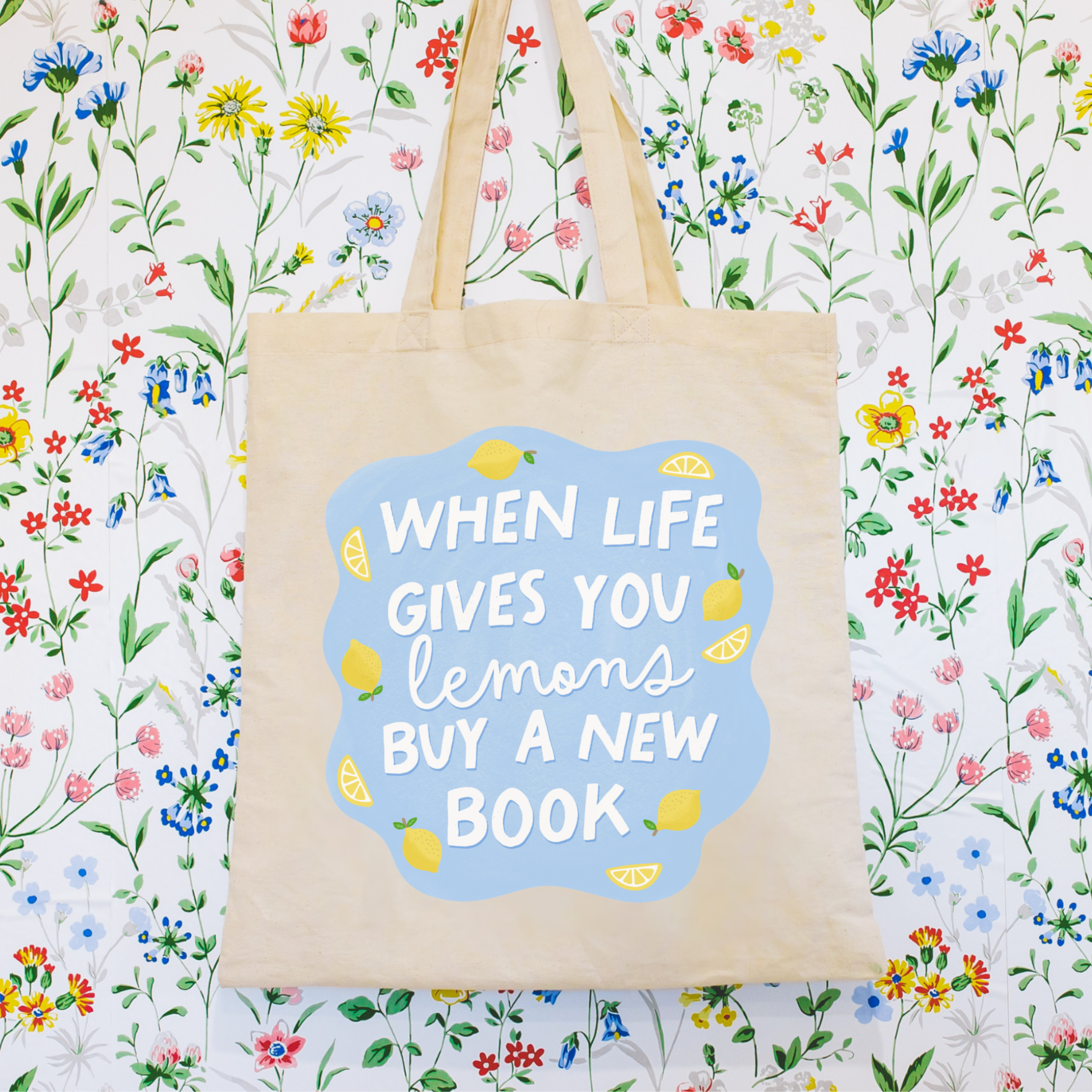 Bookish Tote bag with motivational quote on floral background
