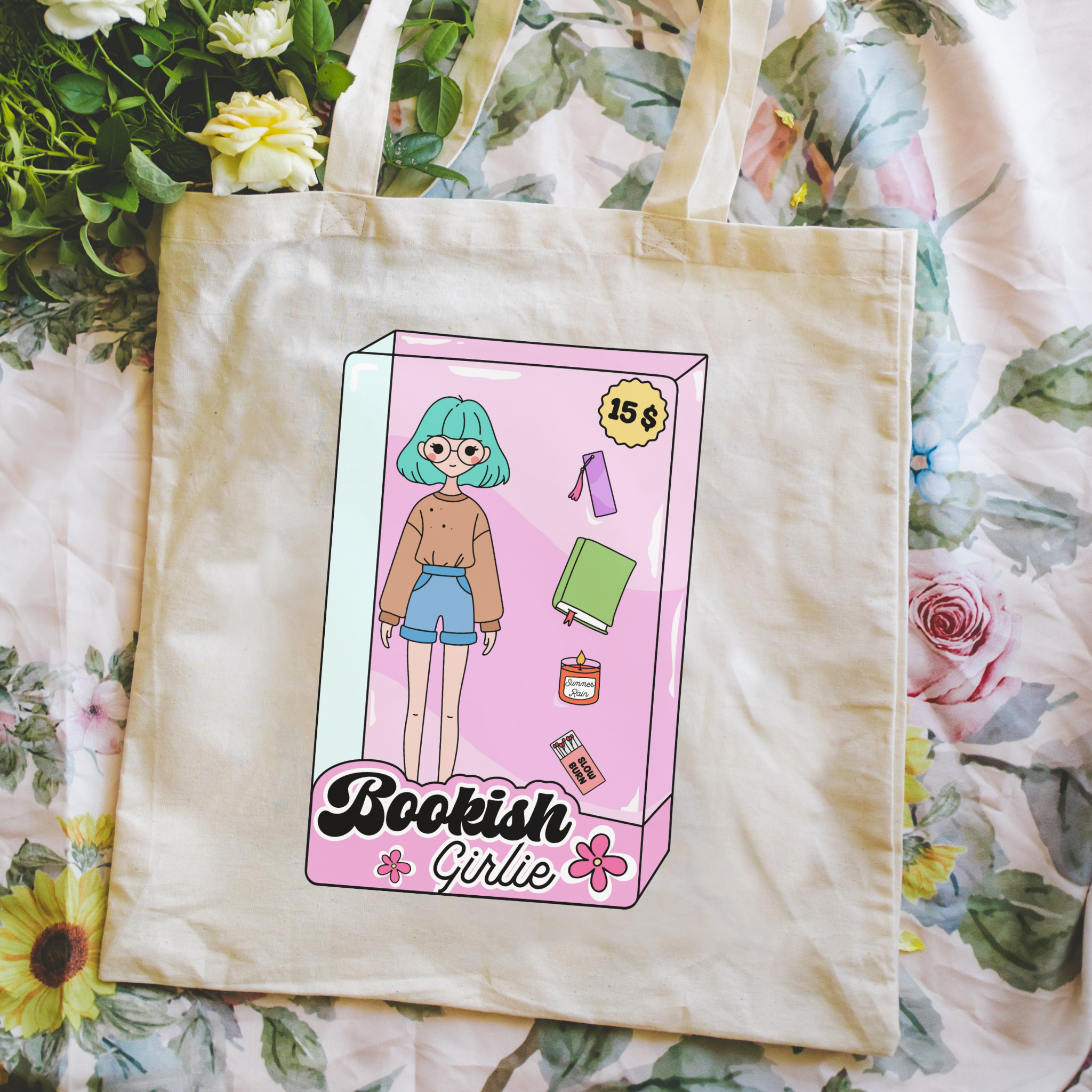 Tote bag with 'Bookish Girlie' design on a floral background