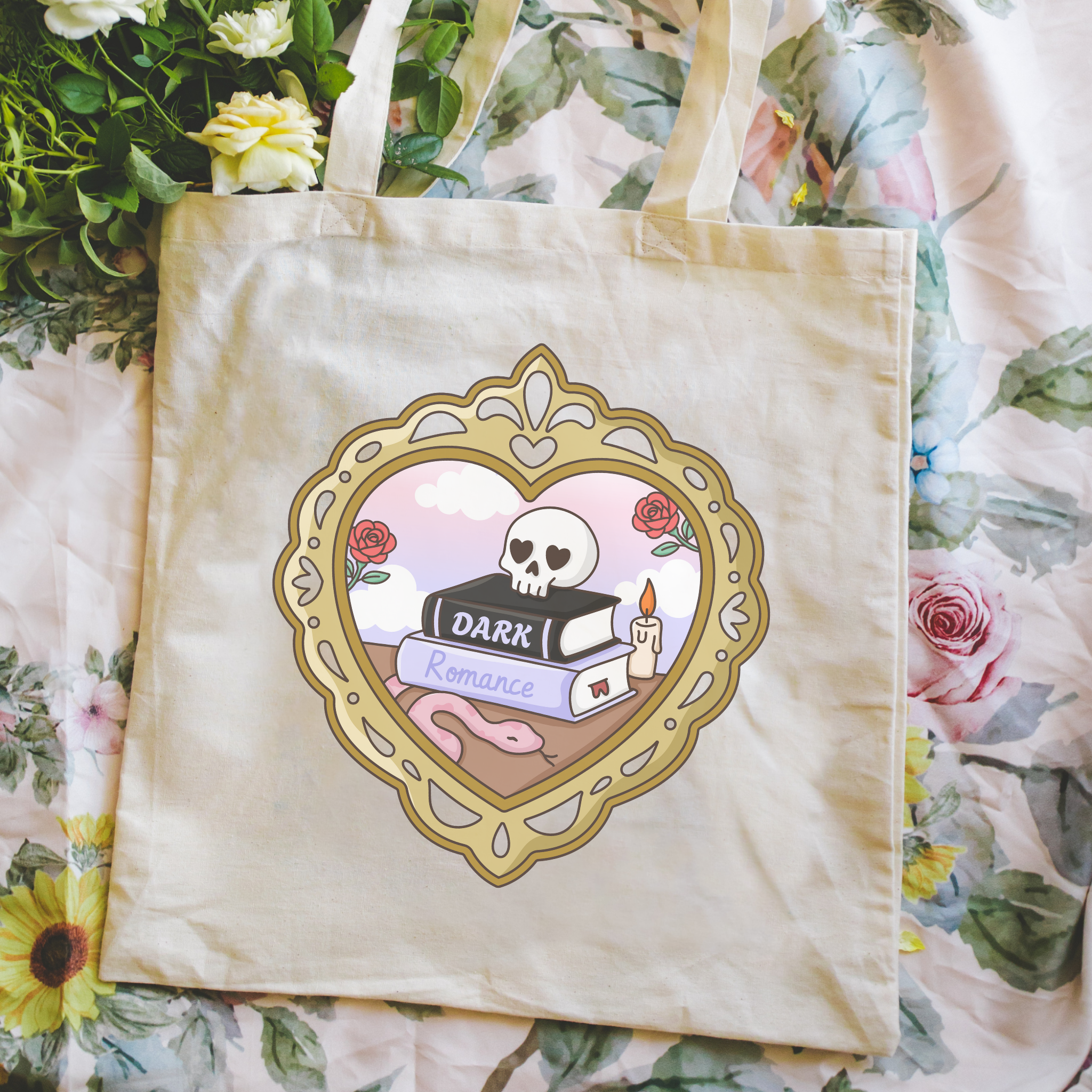 Bookish Tote bag with a skull and books design on a floral background and the text "dark romance"