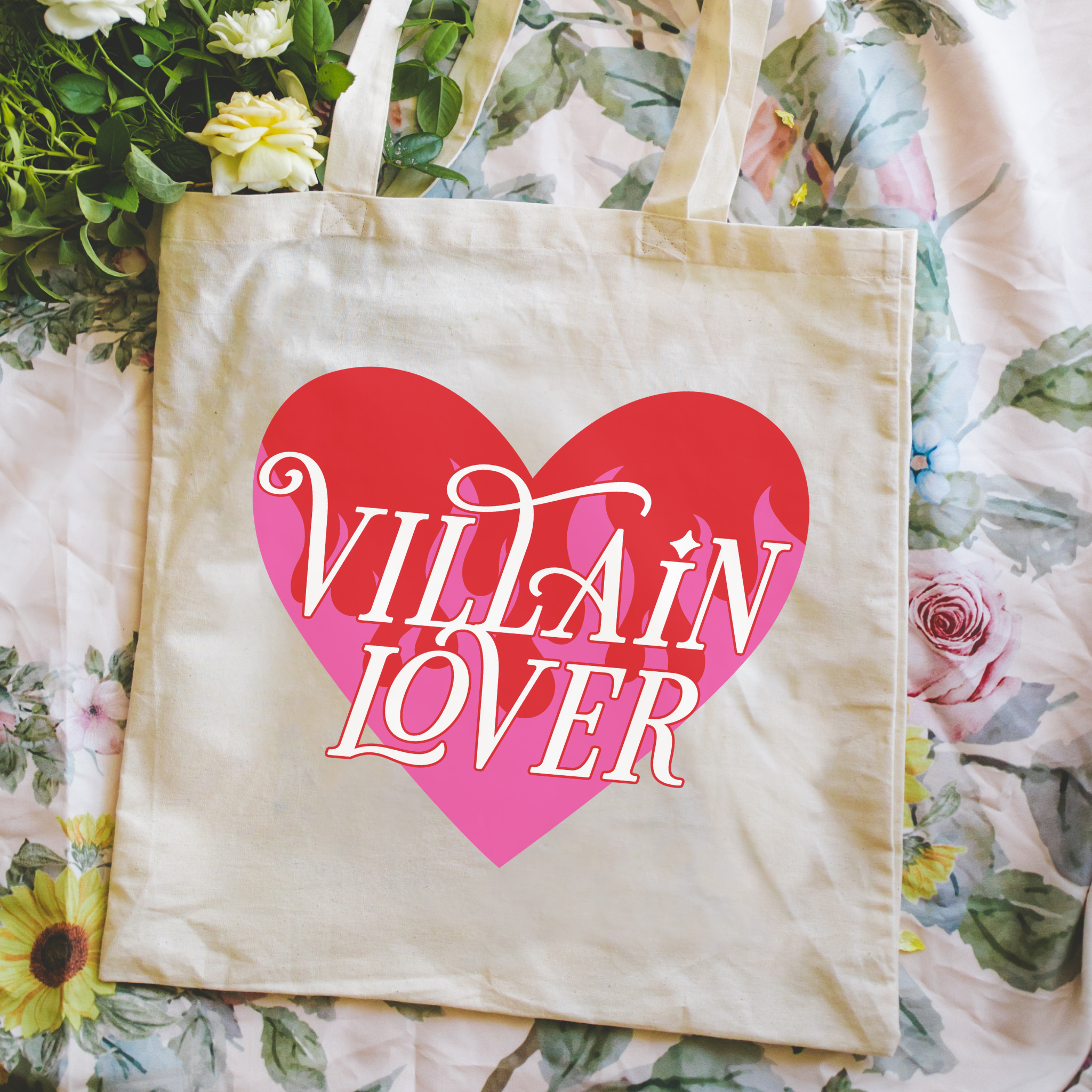 Bookish Tote bag with 'VILLAIN LOVER' design on a floral background
