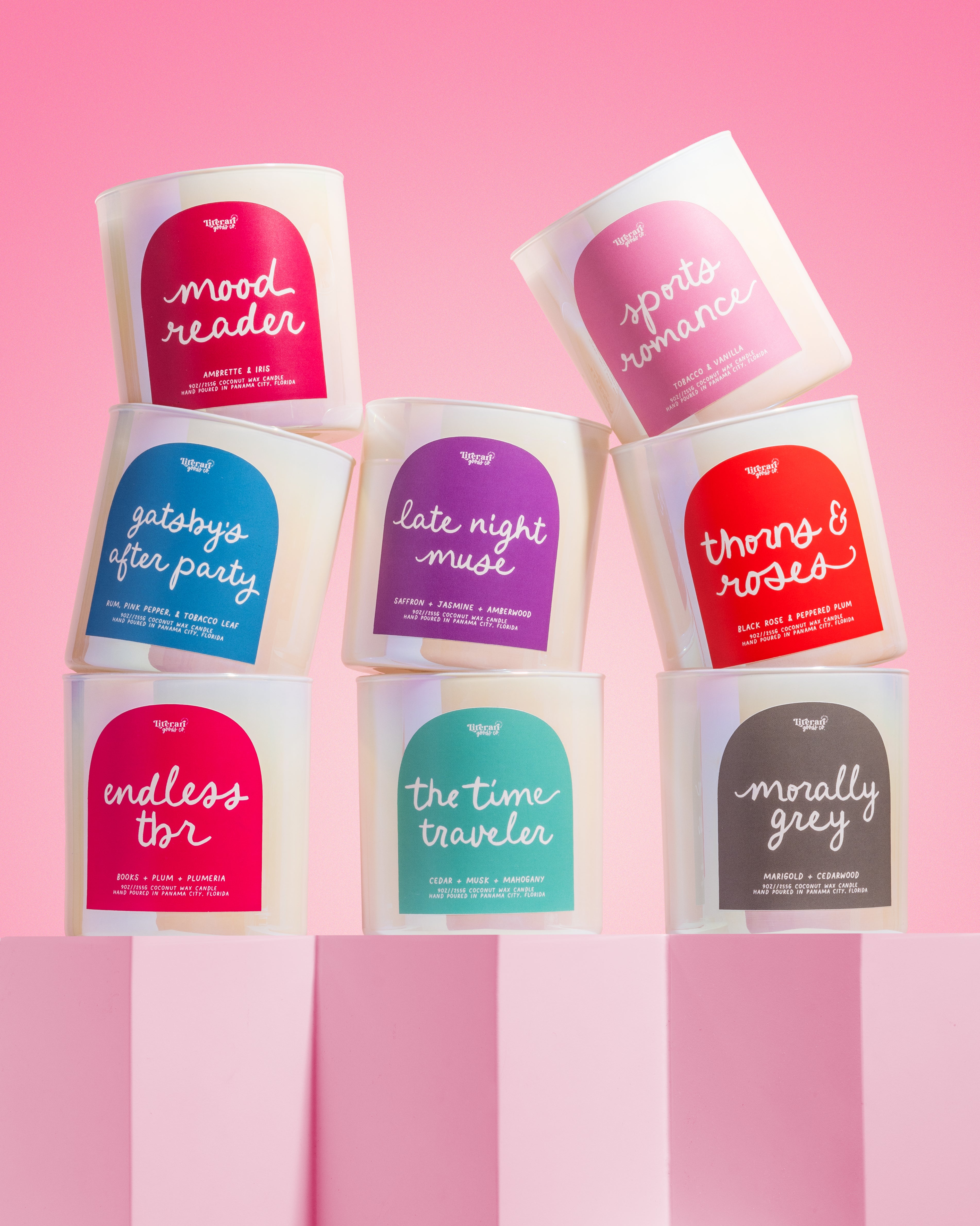 Book themed Candle with a label on a pink background, with label reading "morally grey"