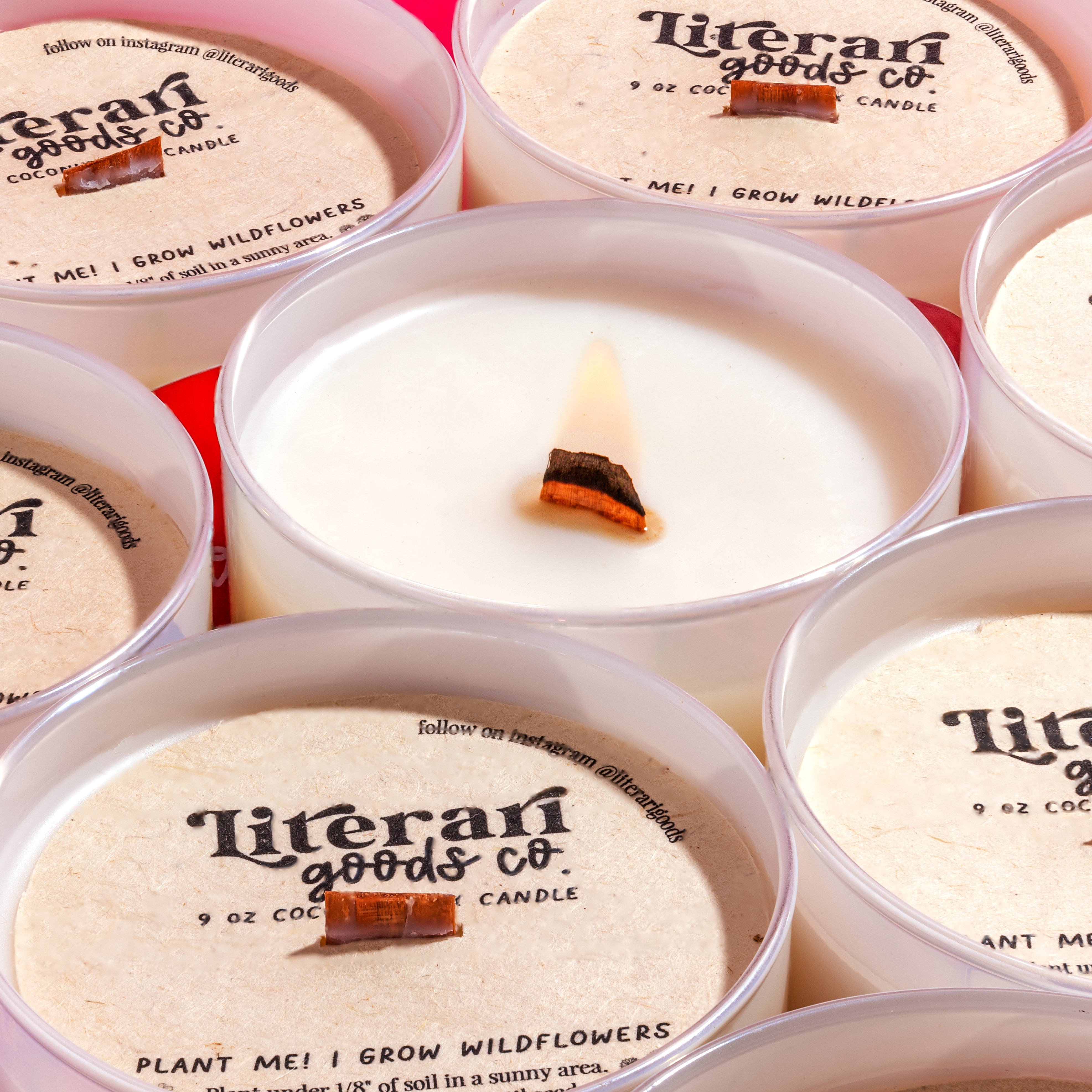 Literari Goods Co book themed wooden wick candles in packaging with visible branding.