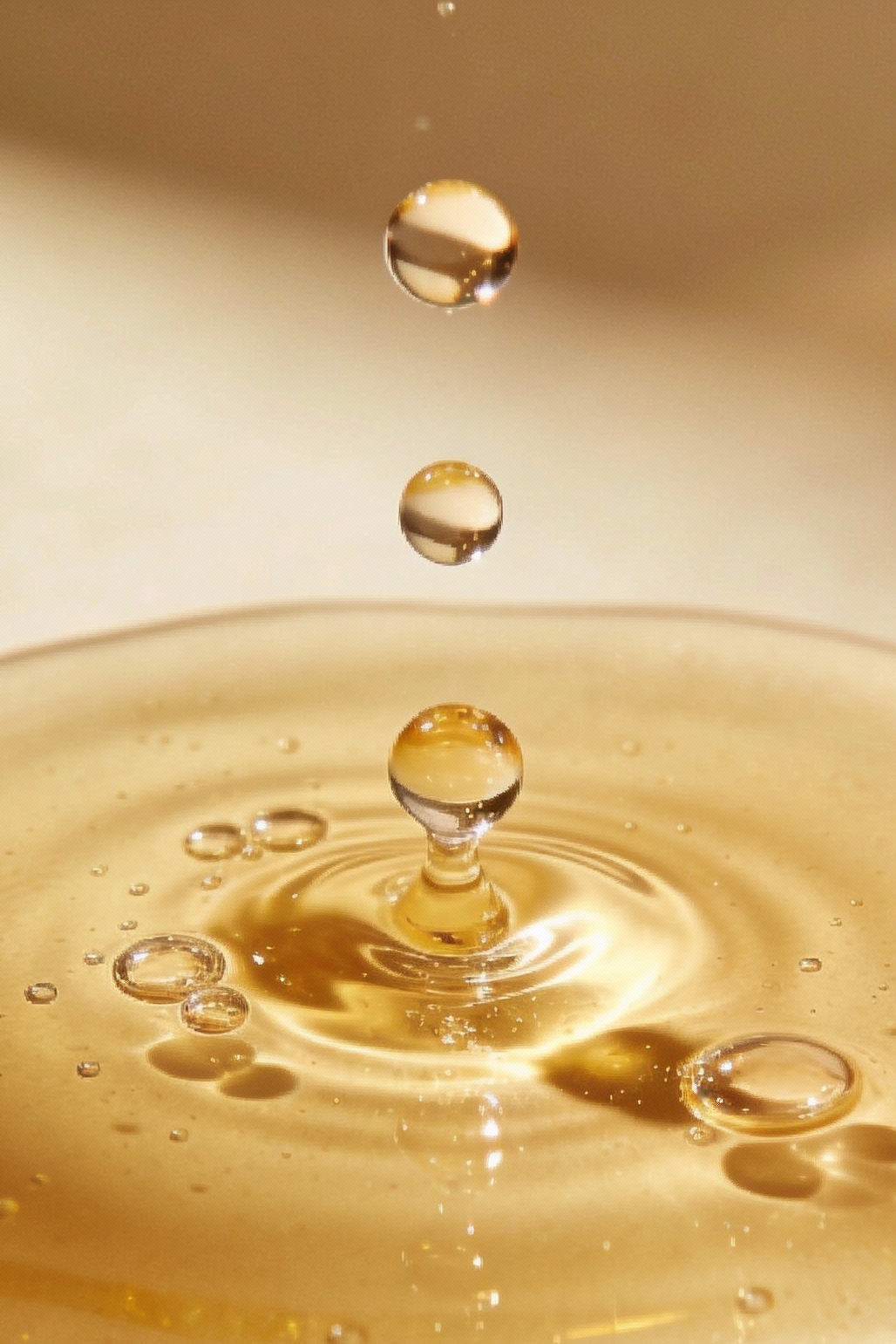 Close-up of fragrance oil droplets on a reflective surface with a warm color tone for use in bookish candles